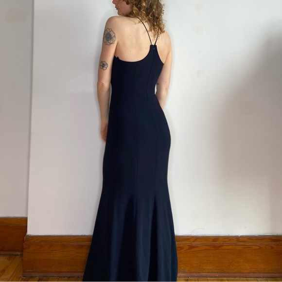 Theia Dark Navy Blue Halter Siren Full Length Maxi Gown Bridesmaid Event Dress - Picture 2 of 14